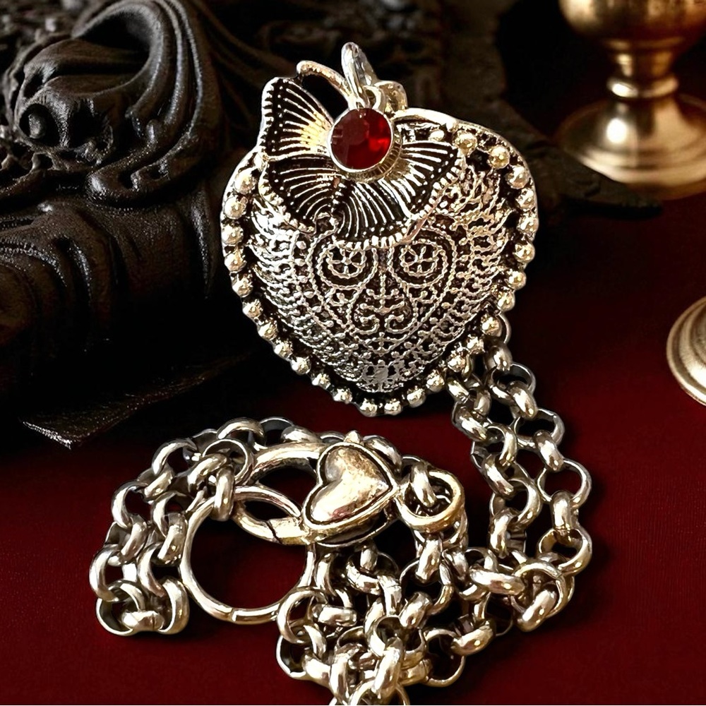 Beautiful Silver Toned Heart Necklace with Butterfly and Red Gem Charm 16.5” - Picture 9 of 17